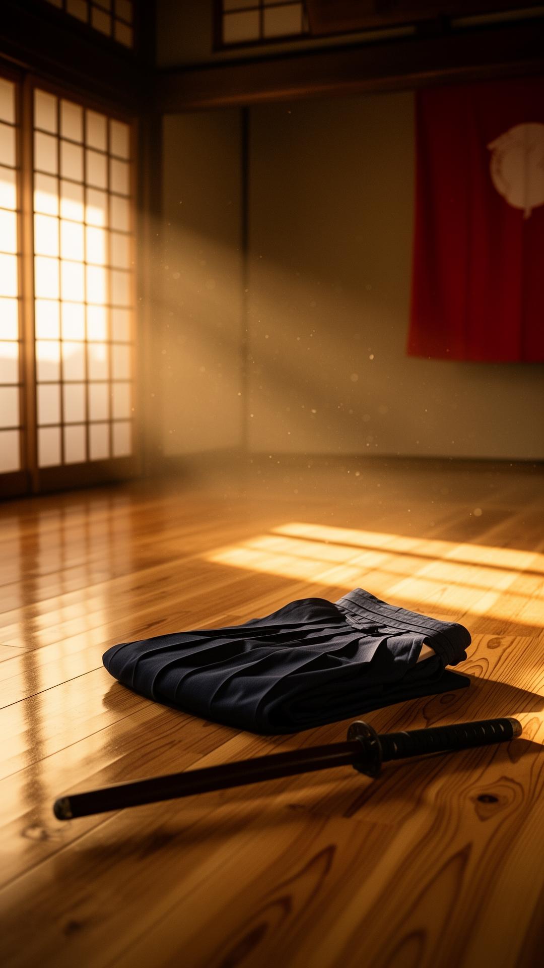 Interior de un dōjō tradicional al amanecer
